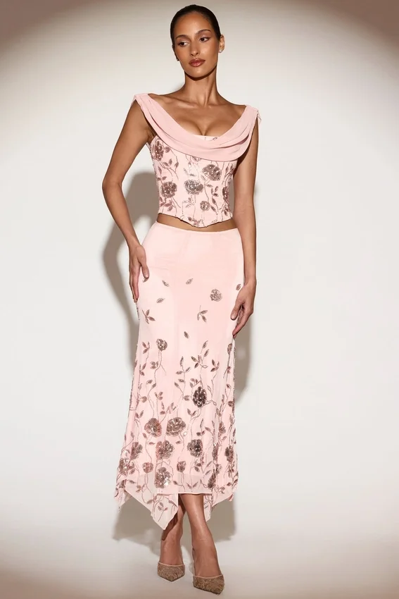 Winika Embellished Mid-Rise Hanky-Hem Midaxi Skirt in Pink Winika Embellished Mid-Rise Hanky-Hem Midaxi Skirt in Pink