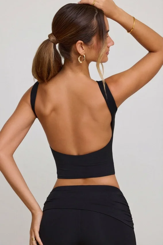 Wren High Neck Open Back Crop Top in Black Wren High Neck Open Back Crop Top in Black