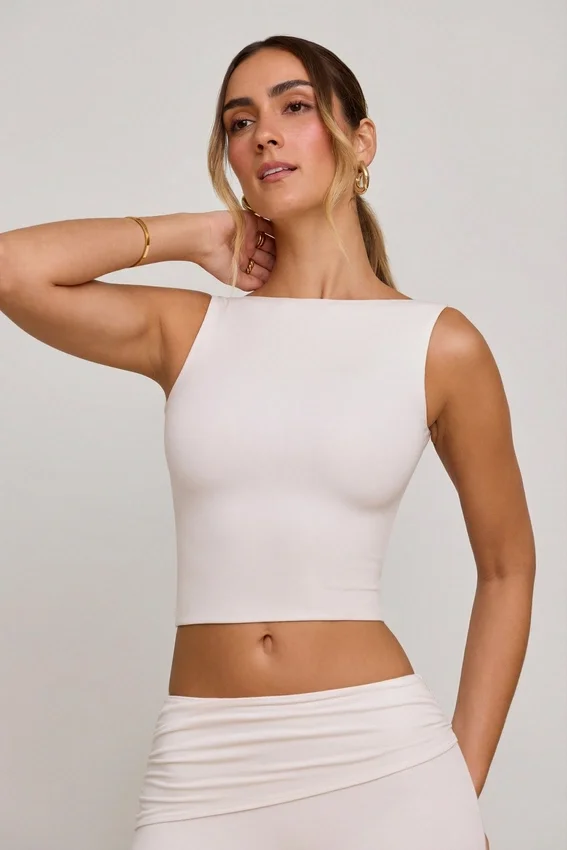 Wren High Neck Open Back Crop Top in White Wren High Neck Open Back Crop Top in White