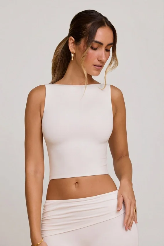 Wren High Neck Open Back Crop Top in White Wren High Neck Open Back Crop Top in White