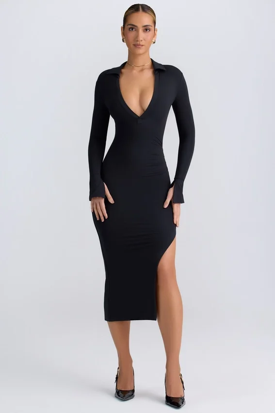 Yael Modal Plunge V-Neck Midaxi Dress in Black Yael Modal Plunge V-Neck Midaxi Dress in Black