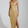 Yarina Embellished Scoop-Neck Thigh-Split Maxi Dress in Gold Yarina Embellished Scoop-Neck Thigh-Split Maxi Dress in Gold