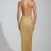 Yarina Embellished Scoop-Neck Thigh-Split Maxi Dress in Gold Yarina Embellished Scoop-Neck Thigh-Split Maxi Dress in Gold