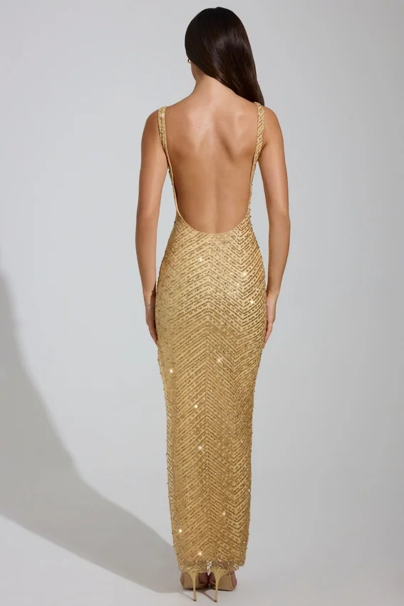 Yarina Embellished Scoop-Neck Thigh-Split Maxi Dress in Gold Yarina Embellished Scoop-Neck Thigh-Split Maxi Dress in Gold
