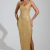 Yarina Embellished Scoop-Neck Thigh-Split Maxi Dress in Gold Yarina Embellished Scoop-Neck Thigh-Split Maxi Dress in Gold