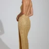 Yarina Embellished Scoop-Neck Thigh-Split Maxi Dress in Gold Yarina Embellished Scoop-Neck Thigh-Split Maxi Dress in Gold