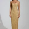 Yarina Embellished Scoop-Neck Thigh-Split Maxi Dress in Gold Yarina Embellished Scoop-Neck Thigh-Split Maxi Dress in Gold