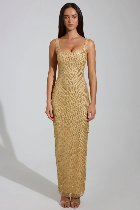 Yarina Embellished Scoop-Neck Thigh-Split Maxi Dress in Gold Yarina Embellished Scoop-Neck Thigh-Split Maxi Dress in Gold