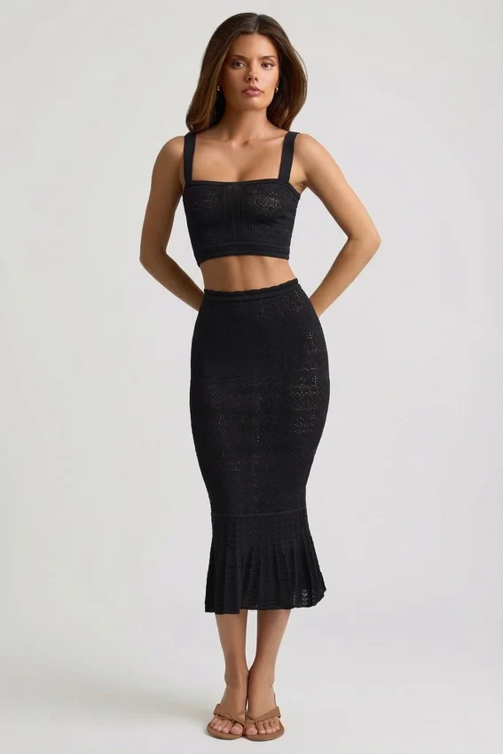 Yasira Ruffle-Trim Pointelle-Knit Midaxi Skirt in Black Yasira Ruffle-Trim Pointelle-Knit Midaxi Skirt in Black