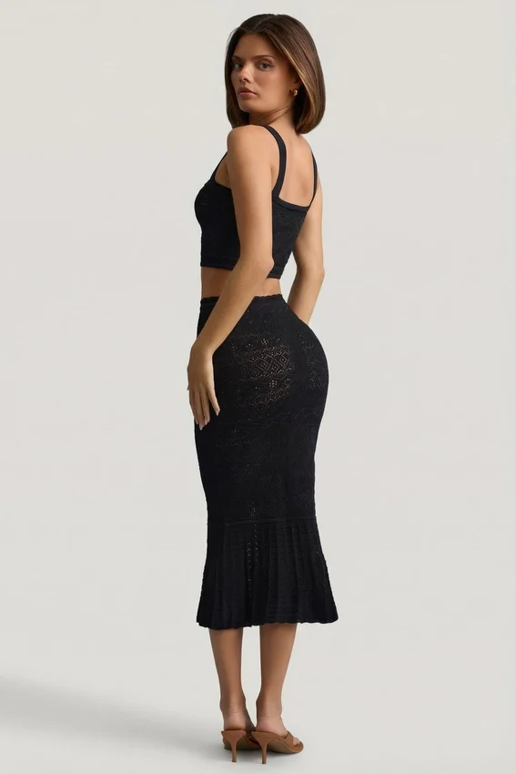 Yasira Ruffle-Trim Pointelle-Knit Midaxi Skirt in Black Yasira Ruffle-Trim Pointelle-Knit Midaxi Skirt in Black