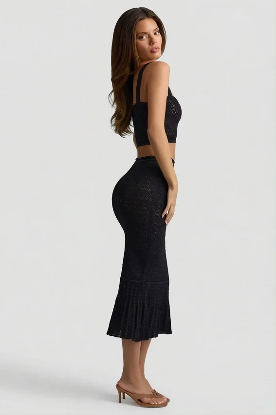 Yasira Ruffle-Trim Pointelle-Knit Midaxi Skirt in Black Yasira Ruffle-Trim Pointelle-Knit Midaxi Skirt in Black