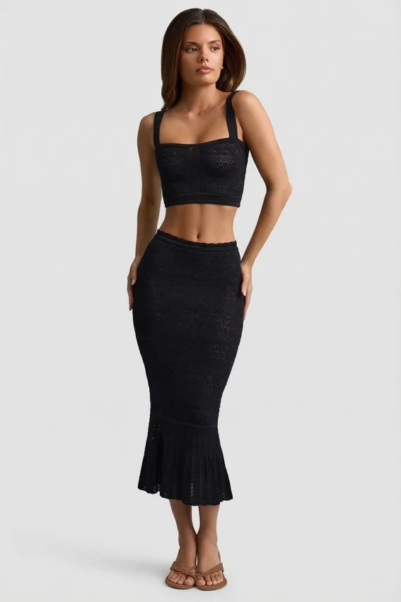 Yasira Ruffle-Trim Pointelle-Knit Midaxi Skirt in Black Yasira Ruffle-Trim Pointelle-Knit Midaxi Skirt in Black