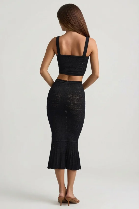 Yasira Ruffle-Trim Pointelle-Knit Midaxi Skirt in Black Yasira Ruffle-Trim Pointelle-Knit Midaxi Skirt in Black