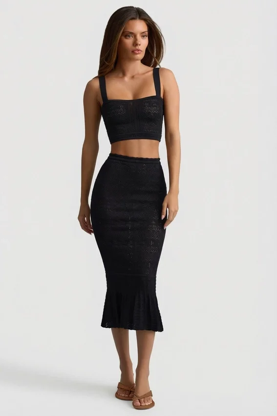 Yasira Ruffle-Trim Pointelle-Knit Midaxi Skirt in Black Yasira Ruffle-Trim Pointelle-Knit Midaxi Skirt in Black