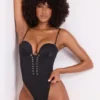 Yelda Satin Plunge Neck Lace Up Corset Bodysuit in Black Yelda Satin Plunge Neck Lace Up Corset Bodysuit in Black