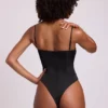 Yelda Satin Plunge Neck Lace Up Corset Bodysuit in Black Yelda Satin Plunge Neck Lace Up Corset Bodysuit in Black
