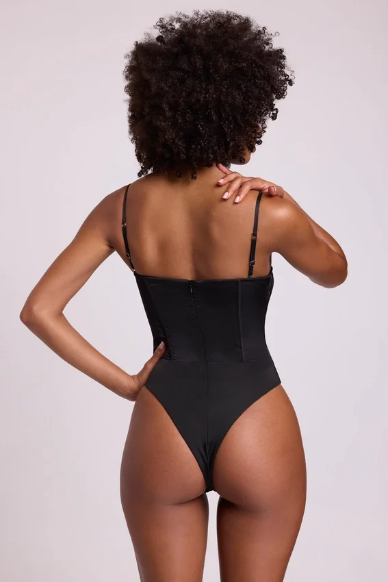 Yelda Satin Plunge Neck Lace Up Corset Bodysuit in Black Yelda Satin Plunge Neck Lace Up Corset Bodysuit in Black