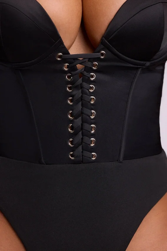 Yelda Satin Plunge Neck Lace Up Corset Bodysuit in Black Yelda Satin Plunge Neck Lace Up Corset Bodysuit in Black