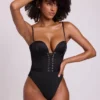 Yelda Satin Plunge Neck Lace Up Corset Bodysuit in Black Yelda Satin Plunge Neck Lace Up Corset Bodysuit in Black