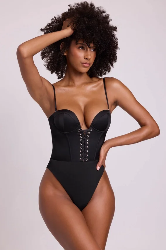 Yelda Satin Plunge Neck Lace Up Corset Bodysuit in Black Yelda Satin Plunge Neck Lace Up Corset Bodysuit in Black