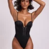 Yelda Satin Plunge Neck Lace Up Corset Bodysuit in Black Yelda Satin Plunge Neck Lace Up Corset Bodysuit in Black