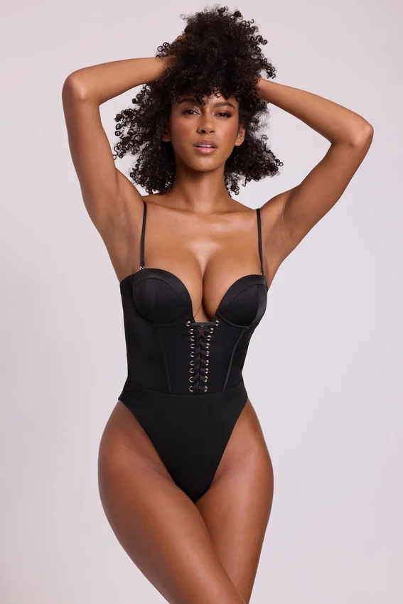 Yelda Satin Plunge Neck Lace Up Corset Bodysuit in Black Yelda Satin Plunge Neck Lace Up Corset Bodysuit in Black