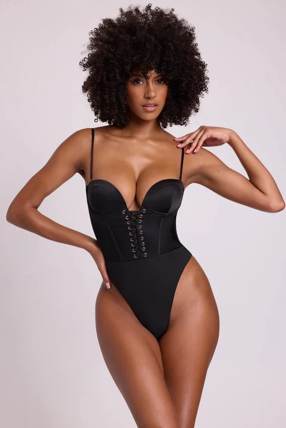 Yelda Satin Plunge Neck Lace Up Corset Bodysuit in Black Yelda Satin Plunge Neck Lace Up Corset Bodysuit in Black