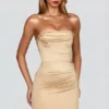 Yesenia Satin Scalloped-Bandeau Ruched Mini Dress in Champagne Yesenia Satin Scalloped-Bandeau Ruched Mini Dress in Champagne