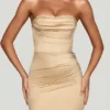 Yesenia Satin Scalloped-Bandeau Ruched Mini Dress in Champagne Yesenia Satin Scalloped-Bandeau Ruched Mini Dress in Champagne