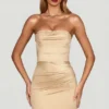 Yesenia Satin Scalloped-Bandeau Ruched Mini Dress in Champagne Yesenia Satin Scalloped-Bandeau Ruched Mini Dress in Champagne