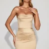 Yesenia Satin Scalloped-Bandeau Ruched Mini Dress in Champagne Yesenia Satin Scalloped-Bandeau Ruched Mini Dress in Champagne