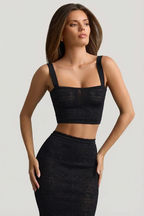 Yolanda Pointelle-Knit Crop Top in Black Yolanda Pointelle-Knit Crop Top in Black