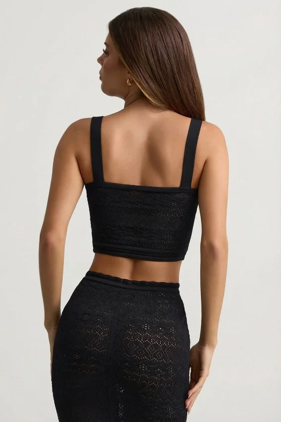 Yolanda Pointelle-Knit Crop Top in Black Yolanda Pointelle-Knit Crop Top in Black