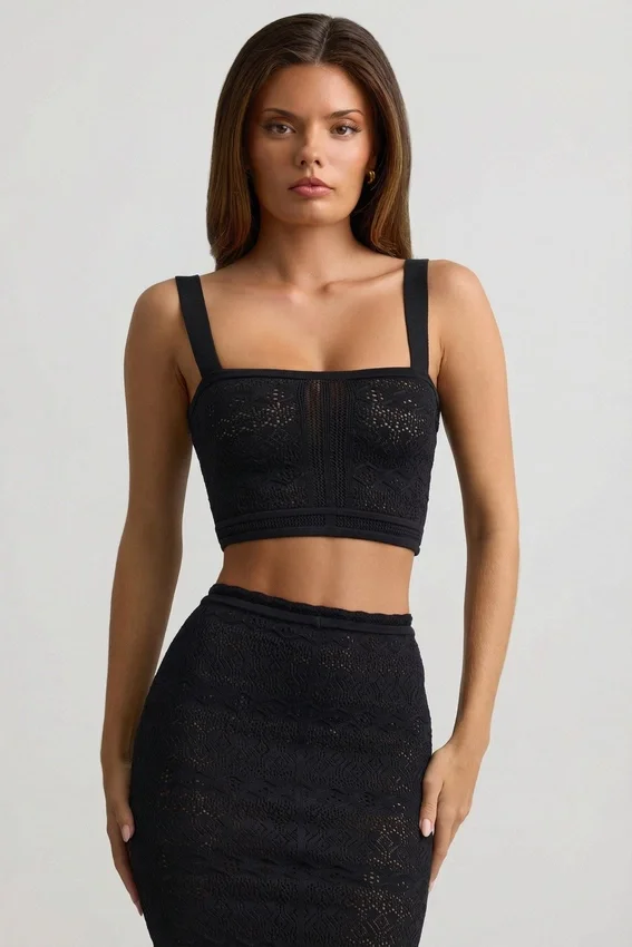 Yolanda Pointelle-Knit Crop Top in Black Yolanda Pointelle-Knit Crop Top in Black