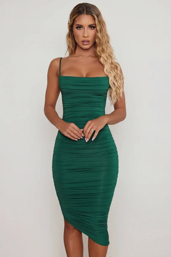 You’re My Type Cowl Neck Ruched Bodycon Midi Dress in Green You’re My Type Cowl Neck Ruched Bodycon Midi Dress in Green