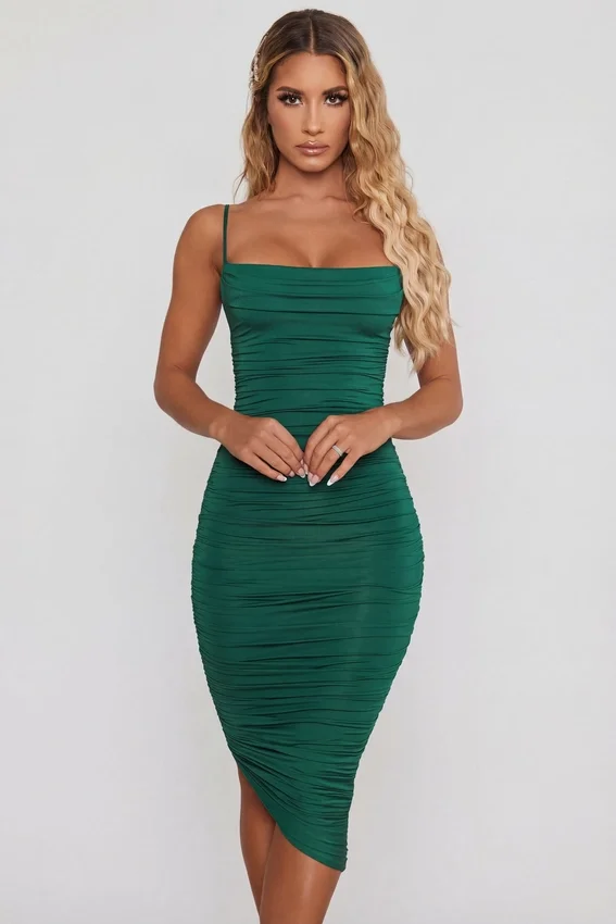 You’re My Type Cowl Neck Ruched Bodycon Midi Dress in Green You’re My Type Cowl Neck Ruched Bodycon Midi Dress in Green