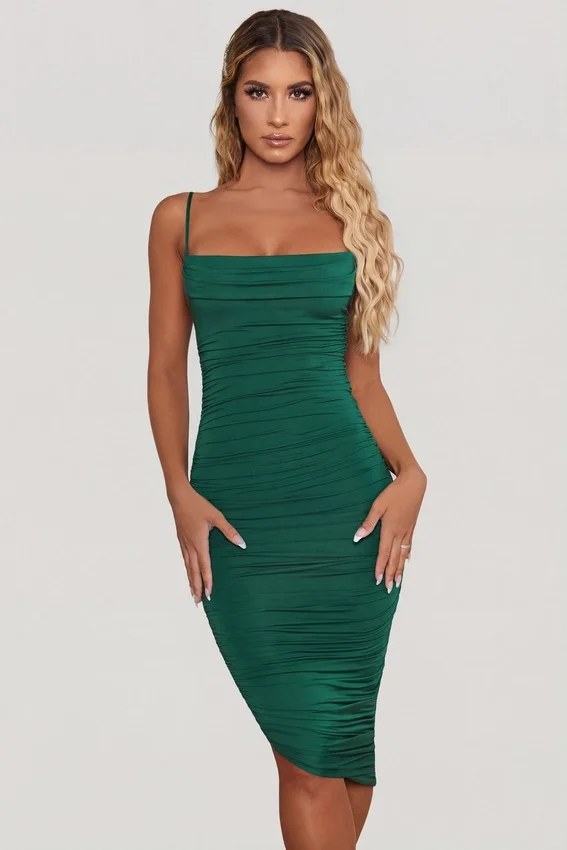 You’re My Type Cowl Neck Ruched Bodycon Midi Dress in Green You’re My Type Cowl Neck Ruched Bodycon Midi Dress in Green