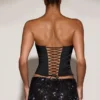 Yulea Satin Draped Lace-Up Corset Top in Black Purple Yulea Satin Draped Lace-Up Corset Top in Black Purple