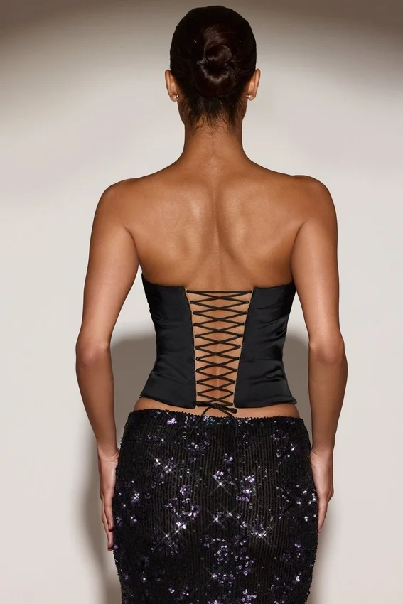Yulea Satin Draped Lace-Up Corset Top in Black Purple Yulea Satin Draped Lace-Up Corset Top in Black Purple
