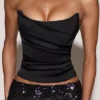 Yulea Satin Draped Lace-Up Corset Top in Black Purple Yulea Satin Draped Lace-Up Corset Top in Black Purple