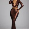 Zahra Mid Rise Metallic Jersey Gown Skirt in Copper Bronze Zahra Mid Rise Metallic Jersey Gown Skirt in Copper Bronze