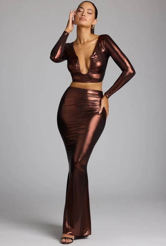 Zahra Mid Rise Metallic Jersey Gown Skirt in Copper Bronze Zahra Mid Rise Metallic Jersey Gown Skirt in Copper Bronze