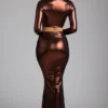 Zahra Mid Rise Metallic Jersey Gown Skirt in Copper Bronze Zahra Mid Rise Metallic Jersey Gown Skirt in Copper Bronze