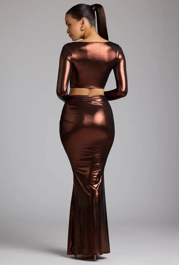 Zahra Mid Rise Metallic Jersey Gown Skirt in Copper Bronze Zahra Mid Rise Metallic Jersey Gown Skirt in Copper Bronze