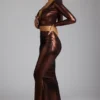 Zahra Mid Rise Metallic Jersey Gown Skirt in Copper Bronze Zahra Mid Rise Metallic Jersey Gown Skirt in Copper Bronze