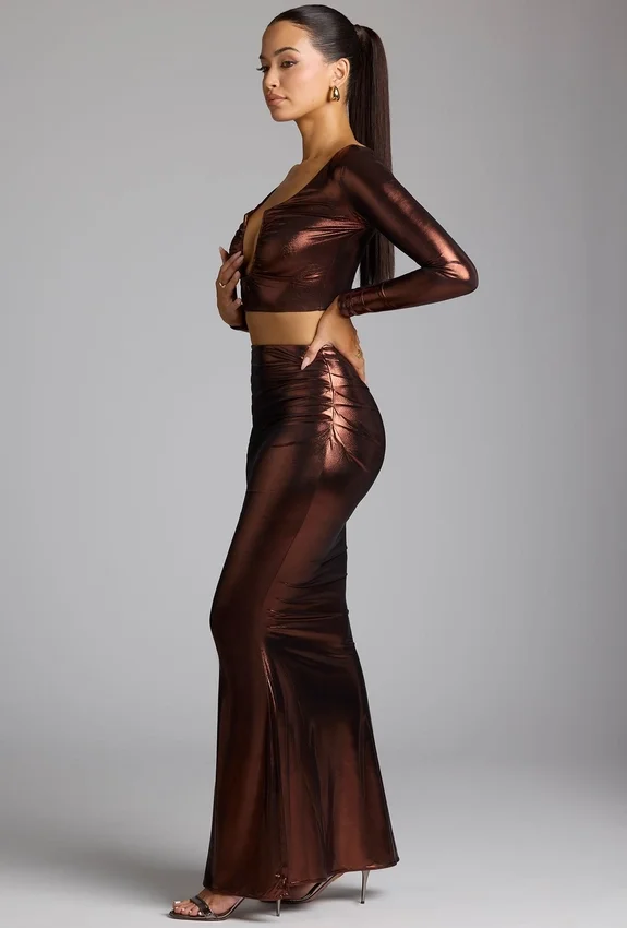 Zahra Mid Rise Metallic Jersey Gown Skirt in Copper Bronze Zahra Mid Rise Metallic Jersey Gown Skirt in Copper Bronze