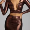 Zahra Mid Rise Metallic Jersey Gown Skirt in Copper Bronze Zahra Mid Rise Metallic Jersey Gown Skirt in Copper Bronze