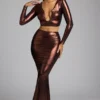 Zahra Mid Rise Metallic Jersey Gown Skirt in Copper Bronze Zahra Mid Rise Metallic Jersey Gown Skirt in Copper Bronze