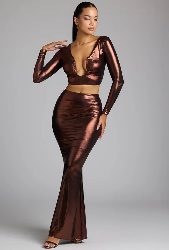 Zahra Mid Rise Metallic Jersey Gown Skirt in Copper Bronze Zahra Mid Rise Metallic Jersey Gown Skirt in Copper Bronze