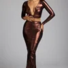 Zahra Mid Rise Metallic Jersey Gown Skirt in Copper Bronze Zahra Mid Rise Metallic Jersey Gown Skirt in Copper Bronze